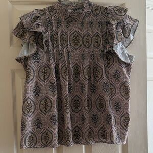 Ulla Johnson Patterned Ruffle Sleeve Blouse - Pink and Blue